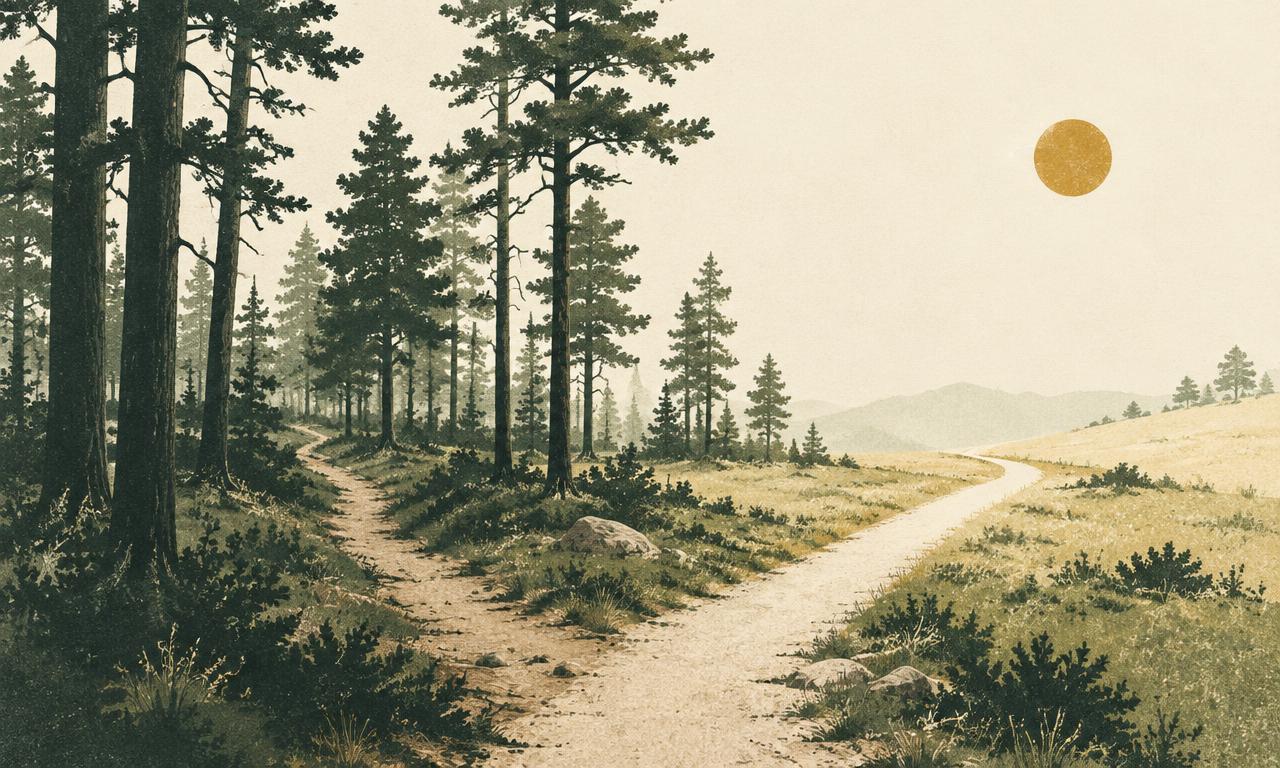 An illustration of a well-worn trail through the woods, with a newer path branching off toward open light