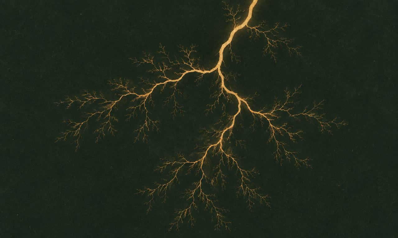 A gold bolt of lightning branching like neural pathways across a dark green field